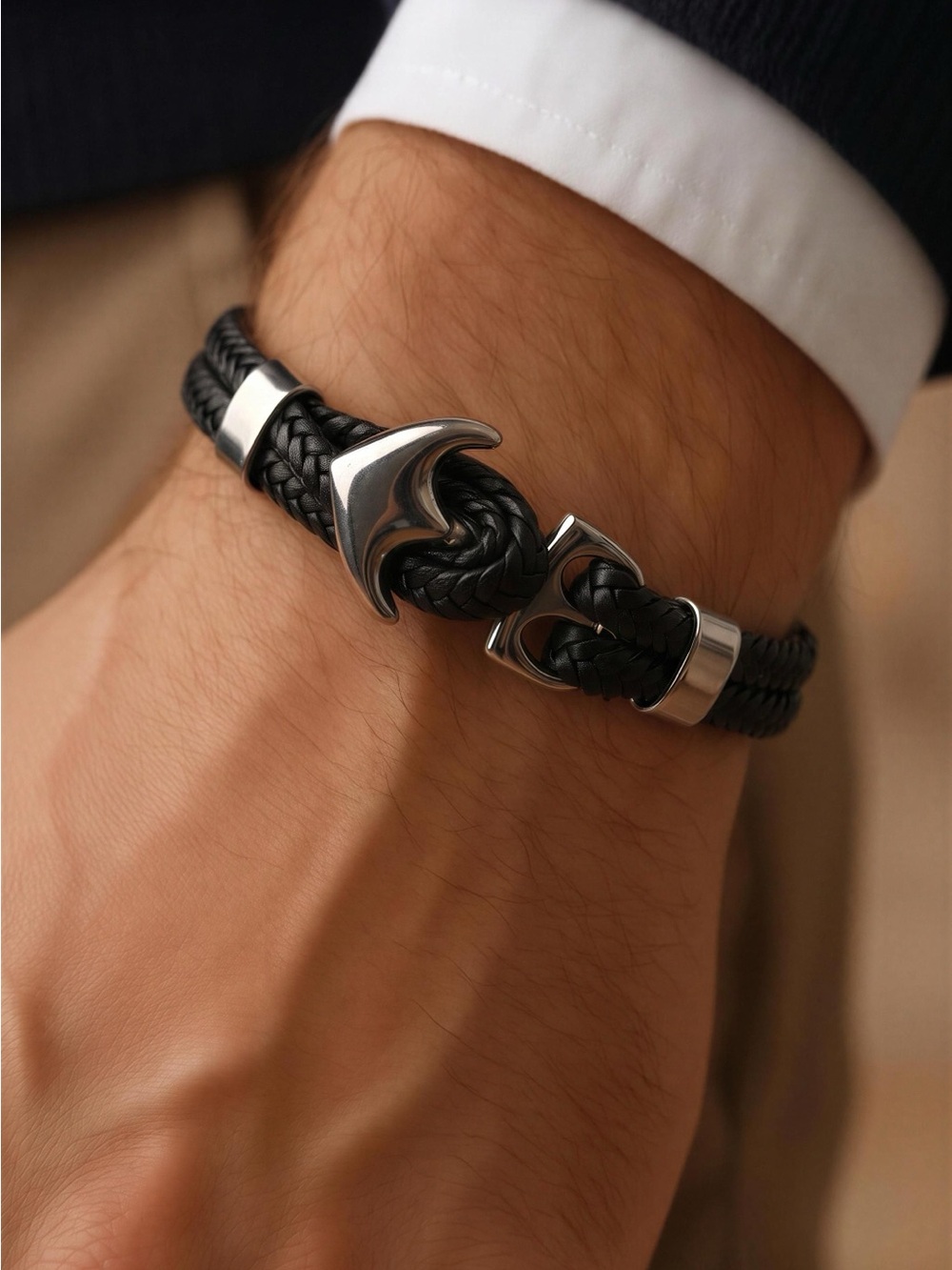 Men’s Black Braided Leather Bracelet with Silver-Tone Hook Clasp